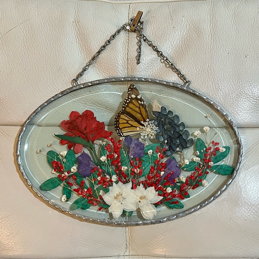 Wall Hanging Butterfly & Pressed Flowers In Beveled Glass 6 x 9